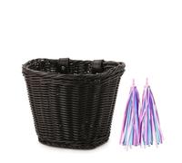 Kznifmk 1 Ensemble Panier de Vélo en Osier Rotin + Cloche + Pompon + Autocollants Accessoires de Guidon de Vélo Adulte Tissés à la Main Réglables Noir