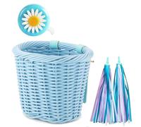 Kznifmk 1 Ensemble Panier de Vélo en Osier Rotin + Cloche + Pompon + Autocollants Accessoires de Guidon de Vélo Adulte Tissés à la Main Réglables Bleu