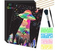 Kznifmk Papier à Gratter Art Set Pièces de Rechange 50 Feuilles 8x11 Pouces Tableau à Gratter Enduit Arc-en-Ciel Grand Papier à Gratter avec Stylets et Pochoirs en Bois