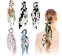 KZNKZN Lot de 5 chouchous en satin avec nœud floral pour cheveux, écharpe, chouchous pour queue de cheval, accessoires pour cheveux vintage à motif floral pour femmes et filles