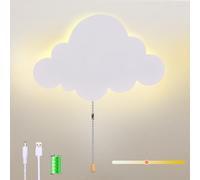 KZT Applique murale LED avec interrupteur à tirette, nuage, pour chambre d'enfant, à piles, rechargeable par USB, 3 couleurs, réglable, veilleuse pour chambre de bébé, chambre à coucher, jardin