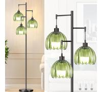 KZT Lampadaire LED pour salon, 3 ampoules, avec ampoules LED E27, abat-jour rétro en verre vert, 3000 K, blanc chaud, lampe d'arbre sur pied, pour chambre à coucher, bureau