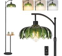 KZT Lampadaire Vintage avec Étagères E27 Lampe Sur Pied de Salon avec Abat-jour Verre & Pédale, Hauteur réglable 165 à 185cm, Design Verte Fleurs Lampadaire pour Chambre à Coucher Bureau