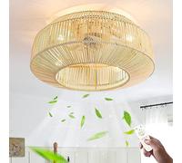 KZT Rétro Ventilateurs de plafond avec éclairage et Télécommande Silencieux E27 Fan Plafonnier Vintage Tissage Bambou Et Rotin Tissé Lampe de Plafond pour Salon Chambre Salle à Manger Cuisine Lumière