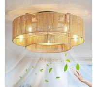KZT Ventilateur de plafond en rotin avec éclairage et télécommande E27 - Plafonnier avec ventilateur - Style rétro bohème - En bambou tissé - Lampe avec ventilateur pour chambre à coucher et salon -