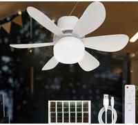 KZT Ventilateur de plafond solaire avec télécommande à intensité variable - 3 vitesses - Rechargeable - Avec lumières - Lanterne solaire portable - Pour la pêche en plein air