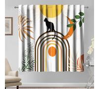 Kzzfqxb 140×229cm Rideaux Modernes, Jaune Ocre Kaki Soleil Lune Feuilles Chat Noir Beige Arc bohème rétro Art Drape 2 Panneaux, Décoration intérieure pour Chambre à Coucher Salon