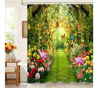 Kzzfqxb 180x180cm Rideaux de Douche avec Crochets, Belles Tulipes Roses Fleurs Papillons décorés pelouse de Mariage étanche pour Baignoire, Tissu Polyester rafraîchissant Belle pour Salle de Bain