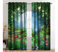 Kzzfqxb Rideaux 132x214cm 2 Panneaux, lanternes forestières sur Les Arbres Champignons Rouges Fleurs dans Les Prairie fenêtre drapés, décoration Magique et Fantastique pour Salon et Chambre à Coucher