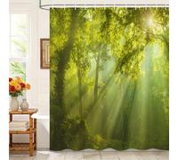 Kzzfqxb Rideaux de Douche 180x180cm avec Crochets en Plastique, forêt Verte Effet Tyndall Rayons de Soleil à Travers des Arbres, étanche occlu pour Baignoire, décoration Naturelle pour Salle de Bain