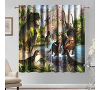 Kzzfqxb Rideaux Marrons 117x138cm, Motif Dinosaures du Jurassique forêt Verte rivière Bleue, décoration Fantaisie Amusante pour Chambre d'enfant Salon
