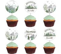 L’aventure Attend les Décorations de Douche de Bébé, 12Pcs Cupcake Toppers Mountain Baby Shower Cake Cupcake Picks Que l’aventure commence/Bon voyage/Voyage à l’extérieur Mariage à Thème