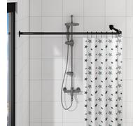 L Forme Tringle à Rideau de Douche, barre de douche extensible pour salle de bain, acier inoxydable avec 12 crochets à anneaux et support plafonnier (Noir, 100-175cm x 140-214cm)