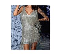 (L,Gray)Cocktail Dresses for Women Deep V-Neck All-Over Fringe Spaghetti Straps Dress Cocktail Evening Mini Dress