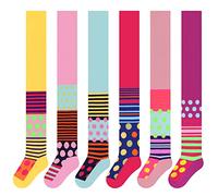 L&K-II Lot de 6 collants pour filles en coton renforcé, opaques avec motifs à pois et rayures multicolores, taille 134-140