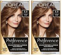 L’ORÉAL PARIS - Coloration Cheveux Permanente - Longue Durée & Lumineuse - Couvre 100% des Cheveux Blancs - Préférence - Nuance : Bruges (5.0), Châtain Clair (Lot de 2)