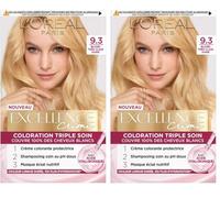 L’ORÉAL PARIS - Coloration Cheveux Permanente Triple Soin - Couvre 100% des Cheveux Blancs - Excellence Crème - Nuance : Blond Très Clair Doré (9.3) (Lot de 2)