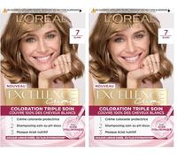 L’ORÉAL PARIS - Coloration Cheveux Permanente Triple Soin - Couvre 100% des Cheveux Blancs - Excellence Crème - Nuance : Blond (7) (Lot de 2)