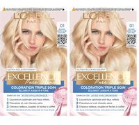 L’ORÉAL PARIS - Coloration Cheveux Permanente Triple Soin - Couvre 100% des Cheveux Blancs - Excellence Crème - Nuance : Blond Ultra Clair Naturel (01) (Lot de 2)