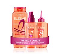 L’ORÉAL PARIS - Routine Soins Capillaires Cheveux Longs - Longueurs réparées - Kératine Végétale & Huile de Ricin - Shampooing, Soin Magique 8 secondes, Crème Sauveuse de Pointes - Elseve Dream Long