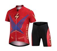 L PATTERN Garçon Fille Maillot de Cyclisme Manches Courtes + Cuissard VTT Combinaison 2 Pièces Unisex Enfant, Foudre Rouge, L/8-9 Ans