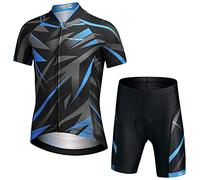 L PATTERN Garçon Fille Maillot de Cyclisme Manches Courtes + Cuissard VTT Combinaison 2 Pièces Unisex Enfant, Foudre Bleu, XXL/12-13 Ans