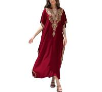 L-Peach Femmes Robe longue caftan brodée pour la plage - Vêtement de détente à domicile - Robes amples pour se couvrir, B2 rouge., Taille unique