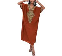 L-Peach Femmes Robe longue caftan brodée pour la plage - Vêtement de détente à domicile - Robes amples pour se couvrir, Marron A2, Taille unique