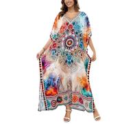 L-Peach Robe de plage longue d'été pour femme avec imprimé ethnique Kimono Maxi Caftan Cover Up, A1 Multicolore 2, Taille unique