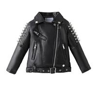 L SERVER Blouson en Simili Cuir Fille Enfant Revers Veste Garçon en Faux Cuir PU Manteau Mode Veste de Moto pour Printemps et Automne, Noir, 10-11 ans