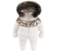 L SERVER Combinaisons de Neige Bébé Fille Polaire Epais Vêtements de Ski Garçon Chauds Coupe-vent Combinaison Pilote à Col Fourrure Capuche Jumpsuit avec Gants, Blanc, 6-9 mois
