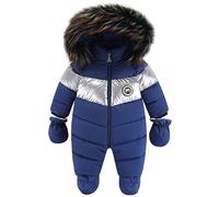 L SERVER Combinaisons de Neige Bébé Fille Polaire Epais Vêtements de Ski Garçon Chauds Coupe-vent Combinaison Pilote à Col Fourrure Capuche Jumpsuit avec Gants, Bleu, 12-18 mois