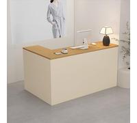 L-Shaped Reception Desk, with Storage Drawers, & Open Shelves,Suitable for Salons, Offices, Lobbies, Retail Stores(Wood+Beige Right,240cm)