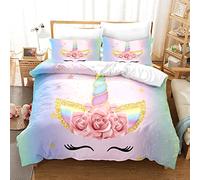 L.YINGTAO Housse De Couette Licorne Fille, Parure De Lit Licorne, Enfant Motif 3D Housse Couette avec Fermeture Éclair- Sets De Housse Couette avec 2 Taies d'oreiller-A||200x200cm-50x75cm