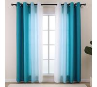 L.Z.E Lot de 2 Rideaux Opaques avec dégradé de Couleurs - Turquoise pétrole et Blanc - pour Salon, Chambre à Coucher - avec Motif ombré - Translucides - LZE2219E-TL225