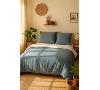 L22G Housse de Couette Effet Gaze de Coton 220x240 cm + 2 Taies d'oreiller 63x63cm Parure Microfibre gaufrée et lavée(Gaze de Microfibre Bicolore Bleu petrole -Blanc)