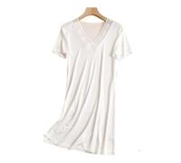 L6NqIAG Chemise de Nuit d'été en Tricot Imitation Soie, col V, Dentelle, Jupe à Bretelles Sexy, Manches Courtes, Respirante Nuisette en Soie(White,XL)