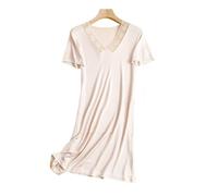 L6NqIAG Chemise de Nuit d'été en Tricot Imitation Soie, col V, Dentelle, Jupe à Bretelles Sexy, Manches Courtes, Respirante Nuisette en Soie(Skin,L)