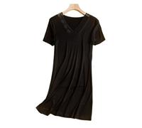 L6NqIAG Chemise de Nuit d'été en Tricot Imitation Soie, col V, Dentelle, Jupe à Bretelles Sexy, Manches Courtes, Respirante Nuisette en Soie(Black,XL)