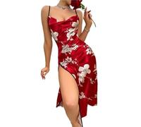 L6NqIAG Chemise de Nuit Sexy imprimée for Femme, Dos Nu, Fente, Jupe, vêtements d'intérieur, Pyjama d'été Fin et Respirant en Imitation Soie Nuisette en Soie(Beige,M)