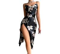 L6NqIAG Chemise de Nuit Sexy imprimée for Femme, Dos Nu, Fente, Jupe, vêtements d'intérieur, Pyjama d'été Fin et Respirant en Imitation Soie Nuisette en Soie(Black,XL)