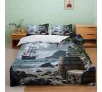 L9P1T3E4 Parure lit 3D Plage Pirate Chambre ado | Single（140x200cm）microfibre douce toucher respirant fermeture éclair entretien facile ambiance aventure idée cadeau jeunes