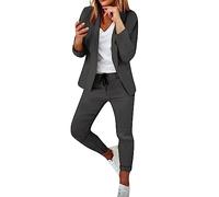 L9WEI Blazer pour femme, élégant à manches longues, ensemble de blazer, couleur unie, coupe ajustée, veste de bureau et pantalon long, ensemble de costume de bureau, Gris foncé, M