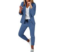L9WEI Blazer pour femme, élégant à manches longues, ensemble de blazer, couleur unie, coupe ajustée, veste de bureau et pantalon long, ensemble de costume de bureau, bleu, XXL