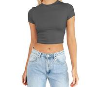 L9WEI Crop T-shirt à manches courtes pour femme Y2K Sexy Slim Tops Femmes Col rond Couleur unie Hauts d'été basiques Casual T-shirts, Gris foncé., XL