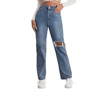 L9WEI Jeans Y2k Déchiré pour Femme - Pantalon Haut Taille Baggy Denim - Gris Foncé, XS