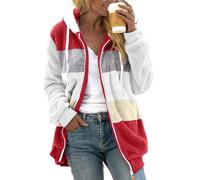 L9WEI Manteau en laine pour femme, veste polaire à capuche pour femme automne hiver veste en peluche douce et chaude doudou épaisse veste mi-saison patchwork manteau d'hiver, Pastèque rouge, L