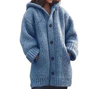 L9WEI Veste d'hiver épaisse en tricot pour femme - Veste chaude décontractée avec capuche - Manteau d'hiver de longueur moyenne - Couleur unie - Manteau de mi-saison, bleu, 5X-Large
