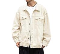 L9WEI Veste en jean pour homme, couleur unie, revers de mi-saison, veste en denim, automne, manches longues, veste de loisirs, mode streetwear, Blanc., 5X-Large