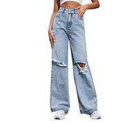 L9WEI Y2k Jeans Déchiré pour Femme Taille Haute Baggy Denim Large Droit Streetwear pour Adolescentes Filles, X02 - Bleu, L
